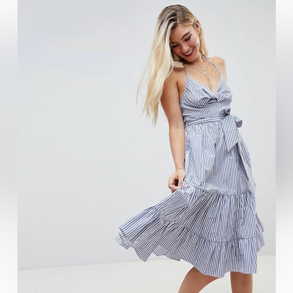 ASOS BLUE WHITE PINSTRIPE HALTER TIE BACKLESS TIERED MIDI DRESS SIZE 4